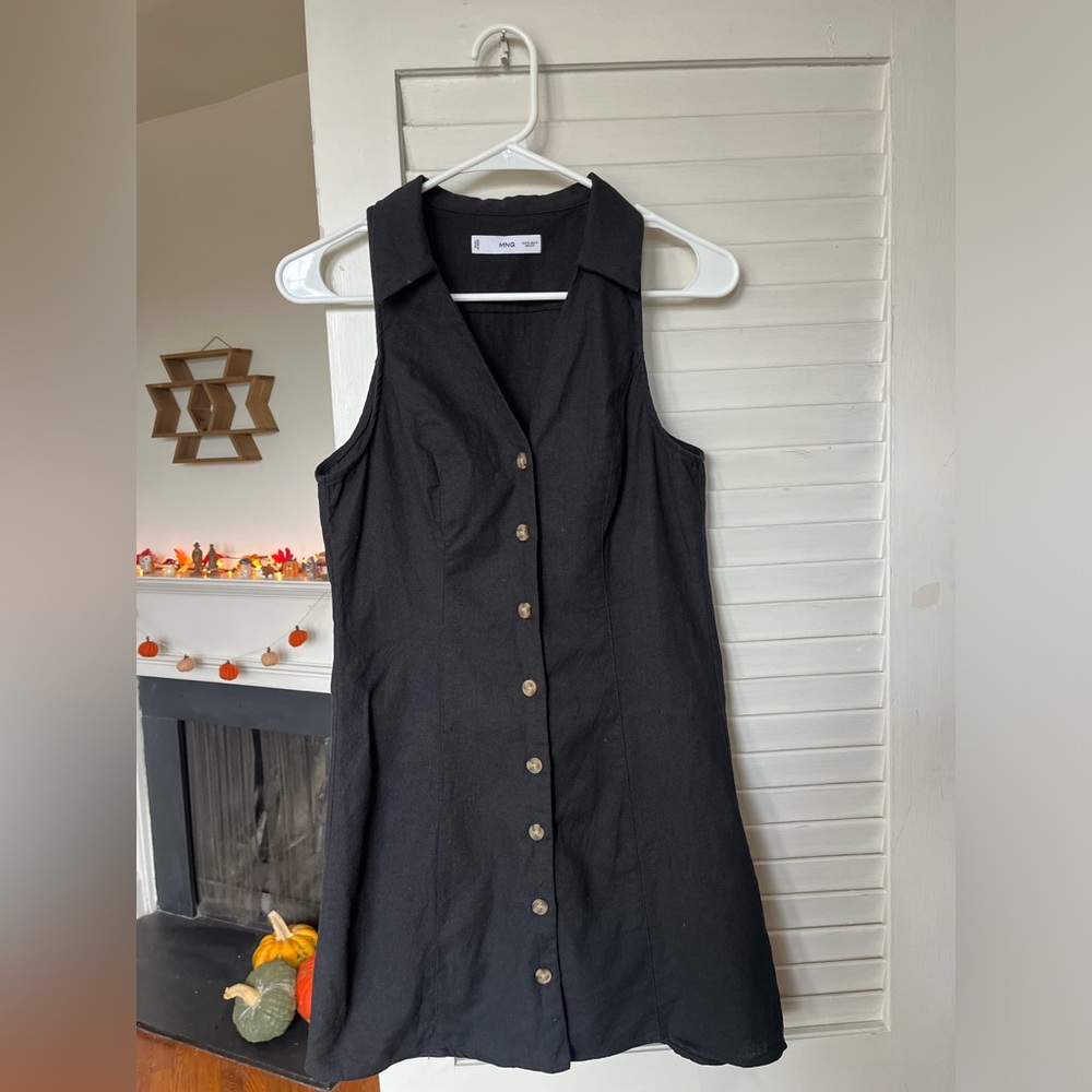 Mango Ramie Black Button-Front Mini Dress